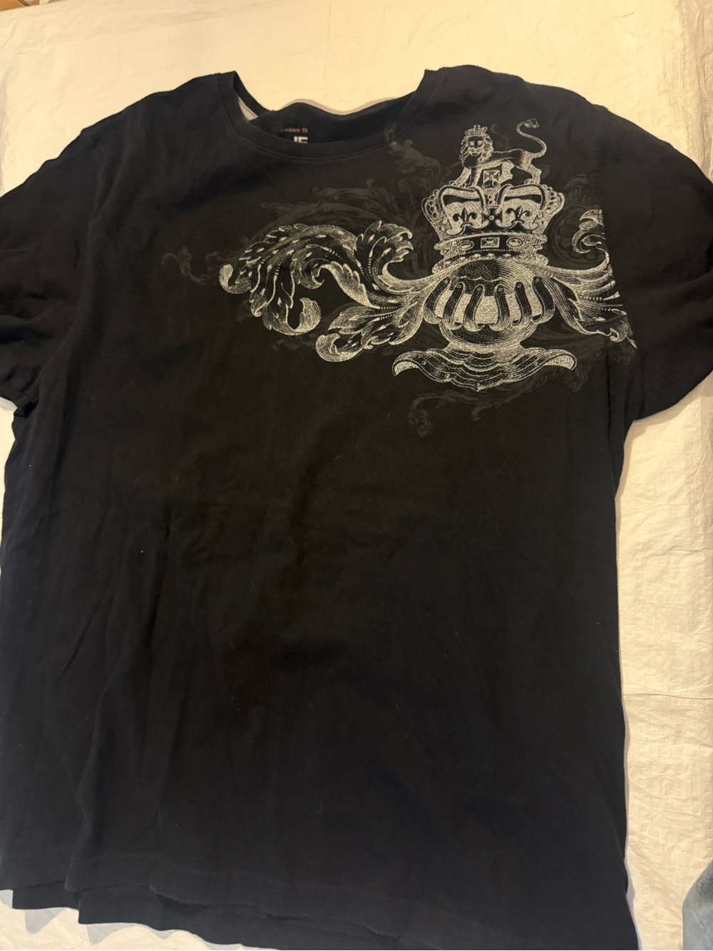 Black Graphic Crewneck T-Shirt with Silver Crest Design